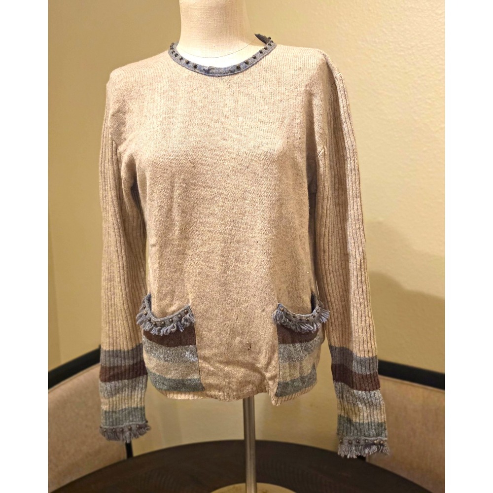 Woolrich Womens M Beige Striped Lambswool Knit Crew Neck Fringe Studded Sweater